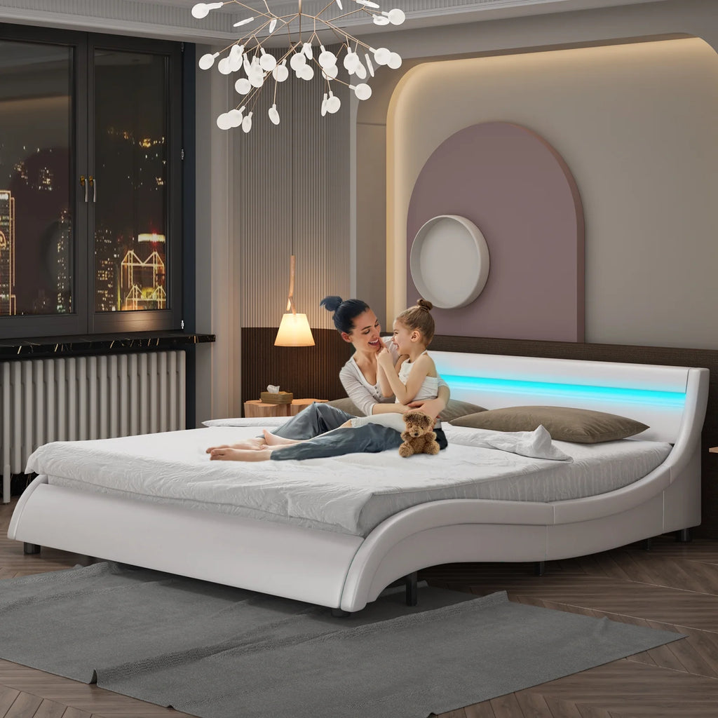 White Queen Size LED Platform Bed Frame C9755