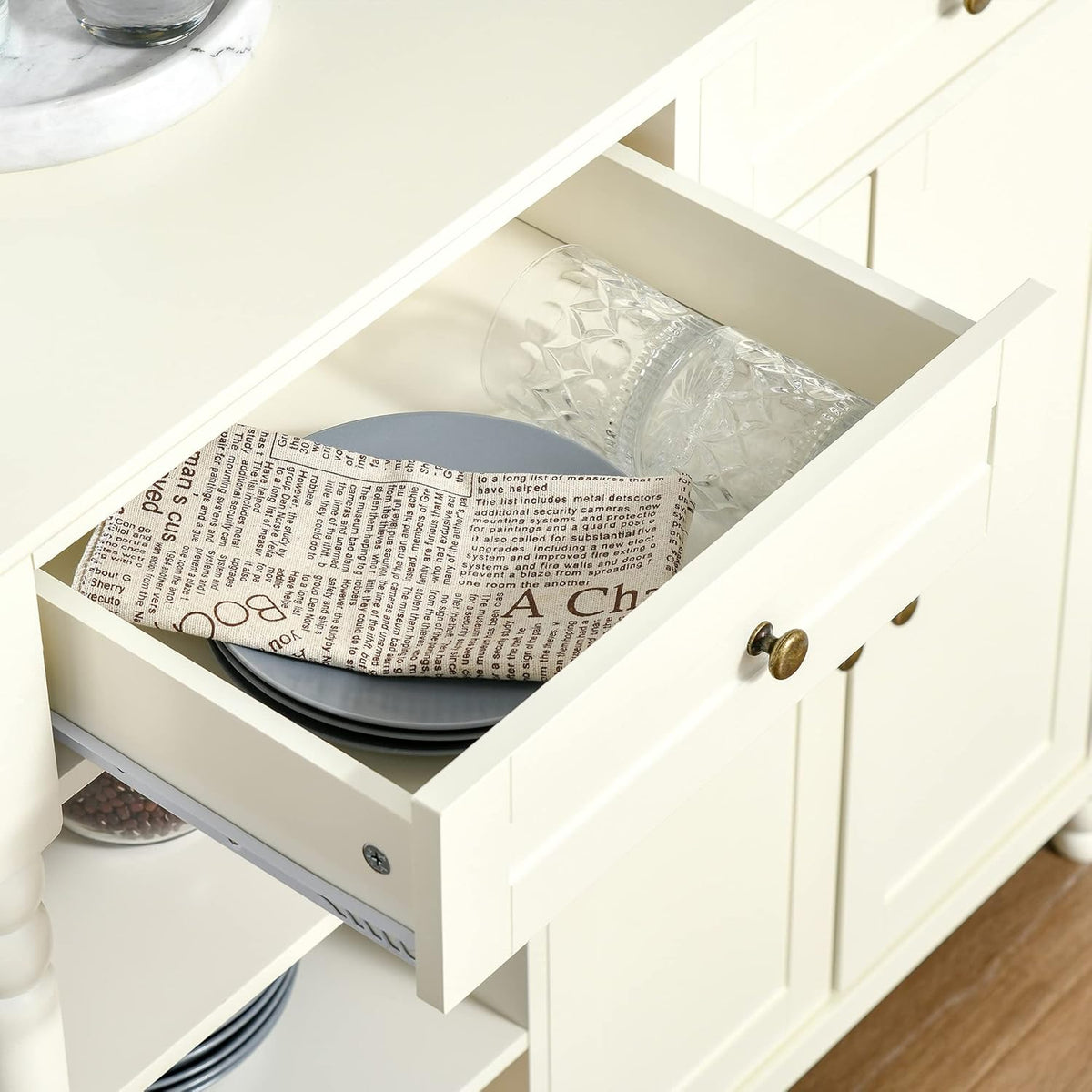 White Kitchen Sideboard Cabinet with 3-Tier Open Shelving and Pine Wood Legs Z52671