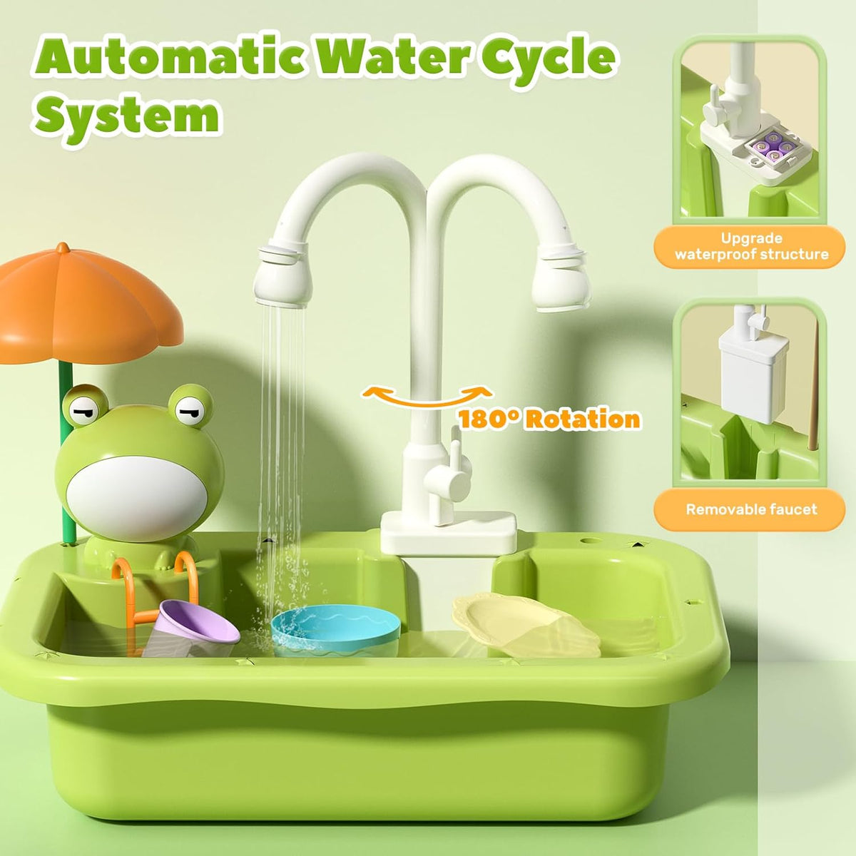 Play Sink with Running Water Electric Faucet Kitchen Sink Toys Pots and Pans Set with Play Food and Storage Basket N89223