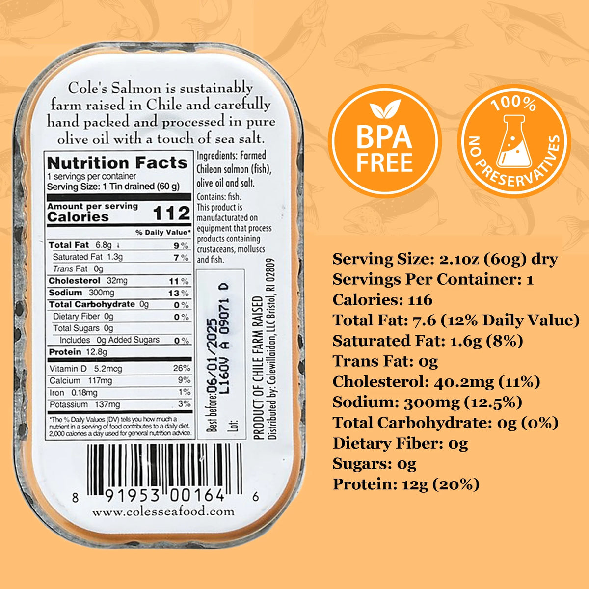 Canned Smoked Salmon in Extra Virgin Olive Oil, 3.2 oz (5 Pack) C2050