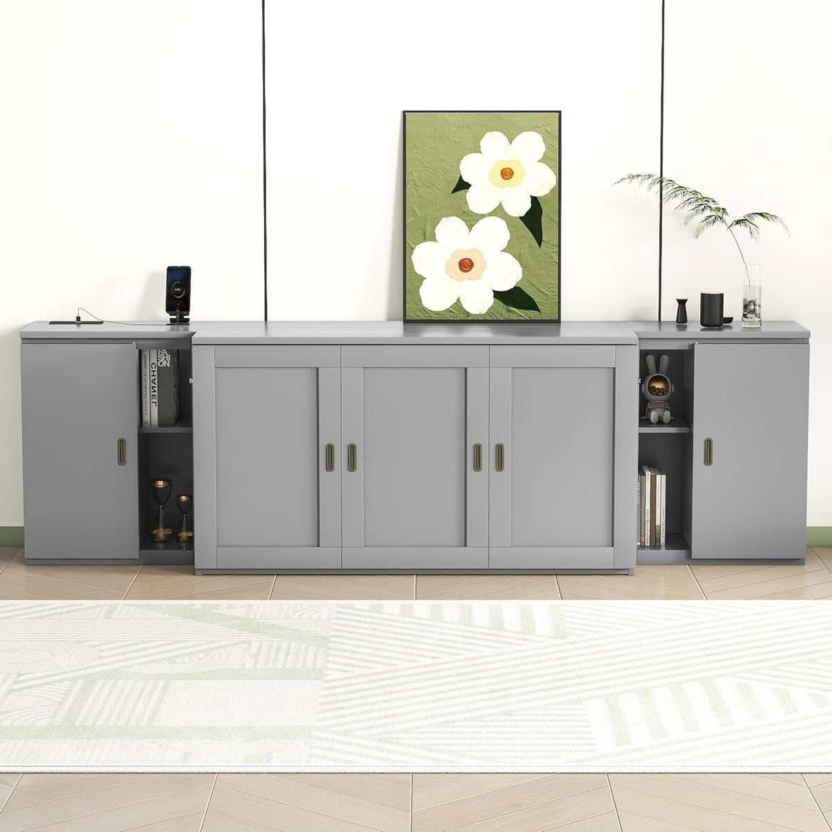Queen Size Murphy Bed with Shelves, Cabinets and USB Ports, Gray S439958