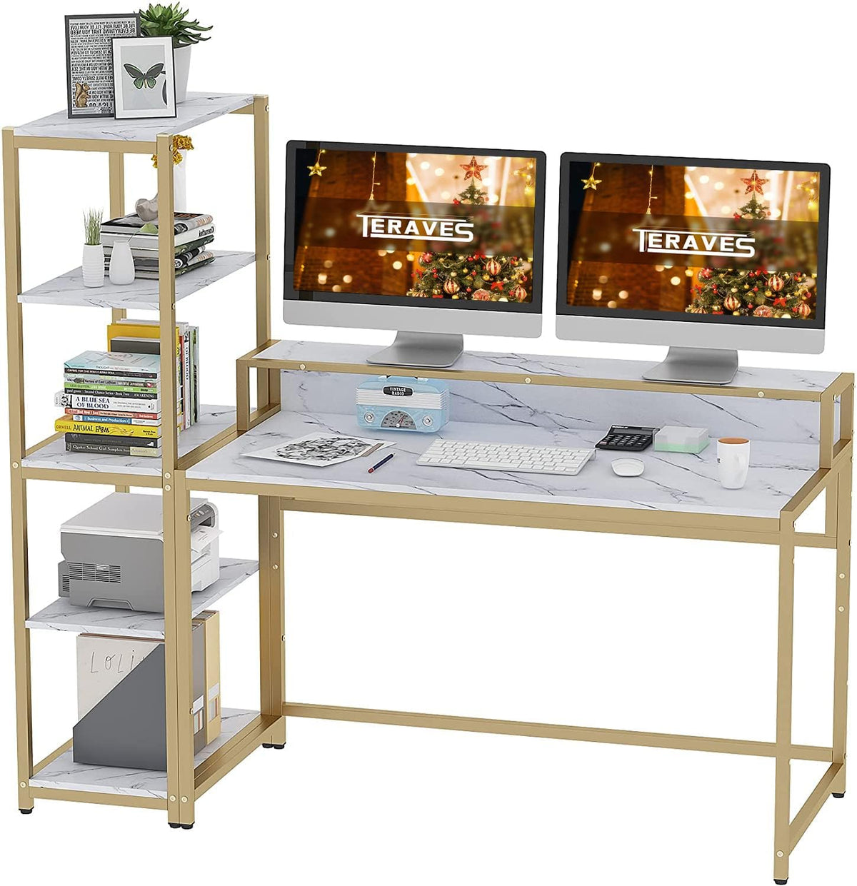 Computer Desk with 5 Tier Shelves 47 Inch White H834