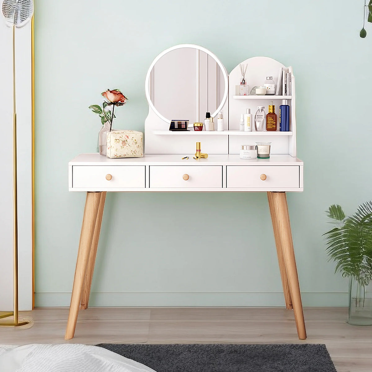 White Vanity Desk with Mirror and Lights H506