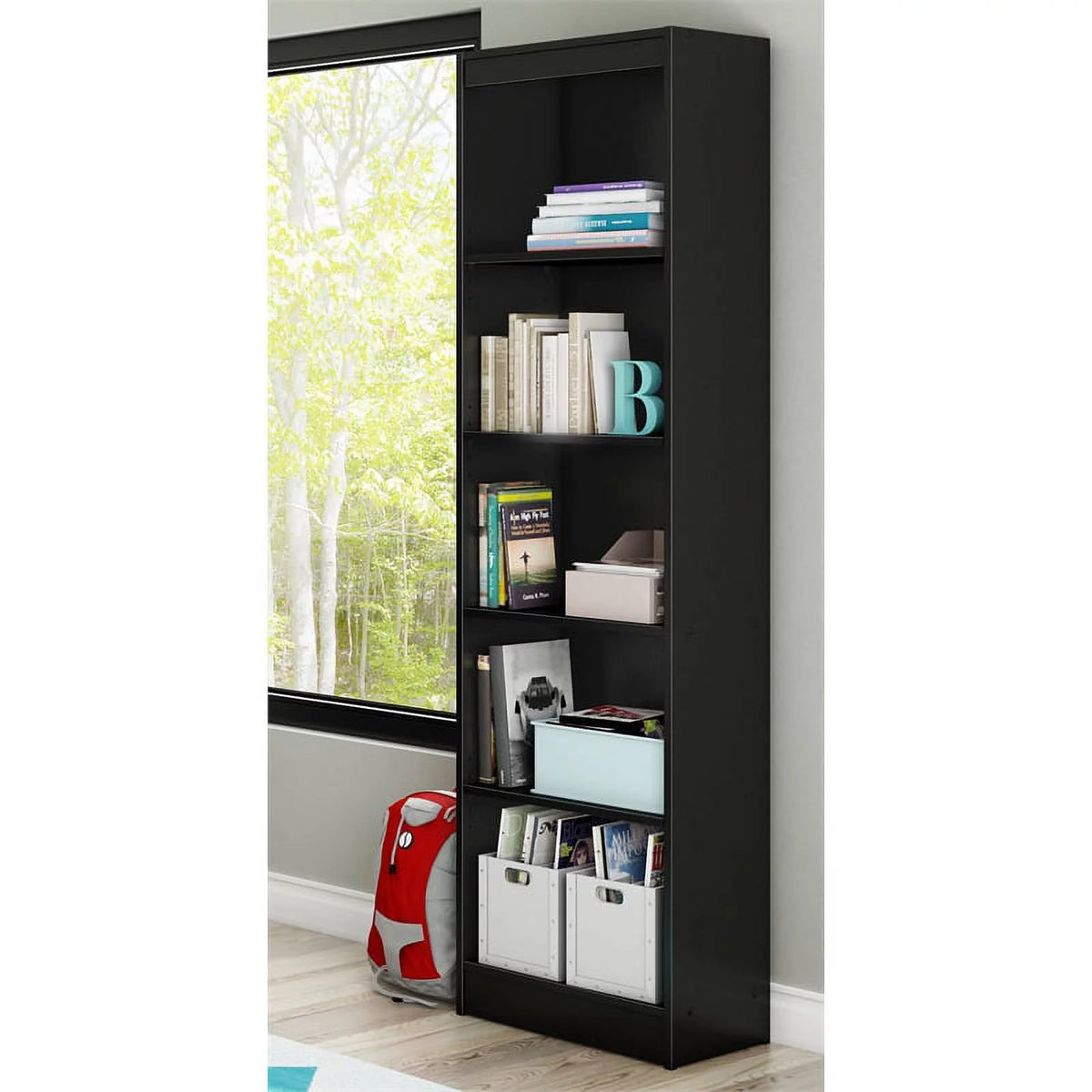 Black Desk with Keyboard Tray and 5-Shelf Narrow Bookcase Set K296389