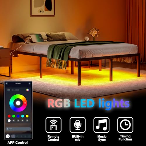 Full Size 14 Inch Metal Platform Bed Frame with LED Lights P89702