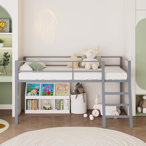 Grey Twin Loft Bed with Ladder and Guardrail D7886
