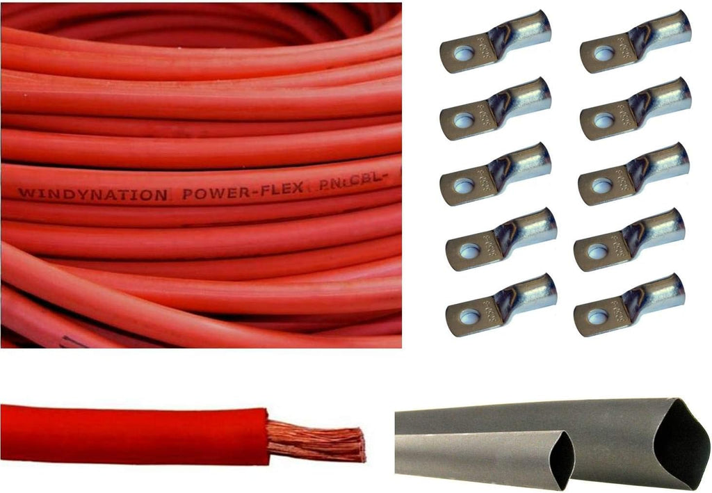 4/0 AWG 10 Feet Black + 10 Feet Red Pure Copper Ultra Flexible Cable + 5pcs 5/16 & 5pcs 3/8 Copper Cable Lug Terminal Connectors + 3 Feet Heat Shrink Tubing F933546