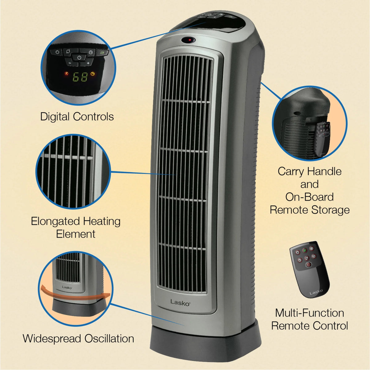 1500W Oscillating Ceramic Electric Tower Space Heater with Remote, Gray E17474