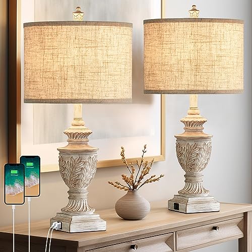 Set of 2 26" Rustic Resin Table Lamps with USB A/C Ports M3135