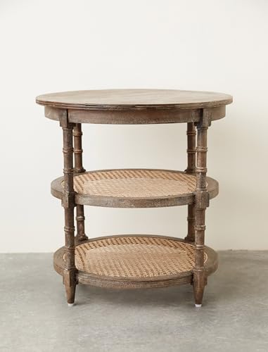 Round Mango Wood Table with 2 Cane Shelves M38891