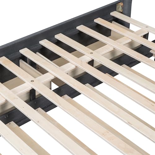 Beige Linen Upholstered Platform Bed Frame with Twin XL Trundle and 2 Drawers T7522