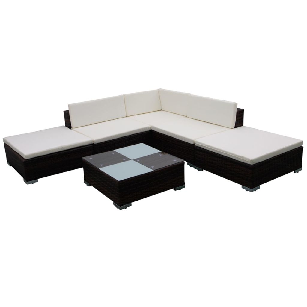 6 Pieces Poly Rattan Garden Lounge Set with 3 Sofas 2 Ottomans 1 Tea Table 9 Cushions M67592