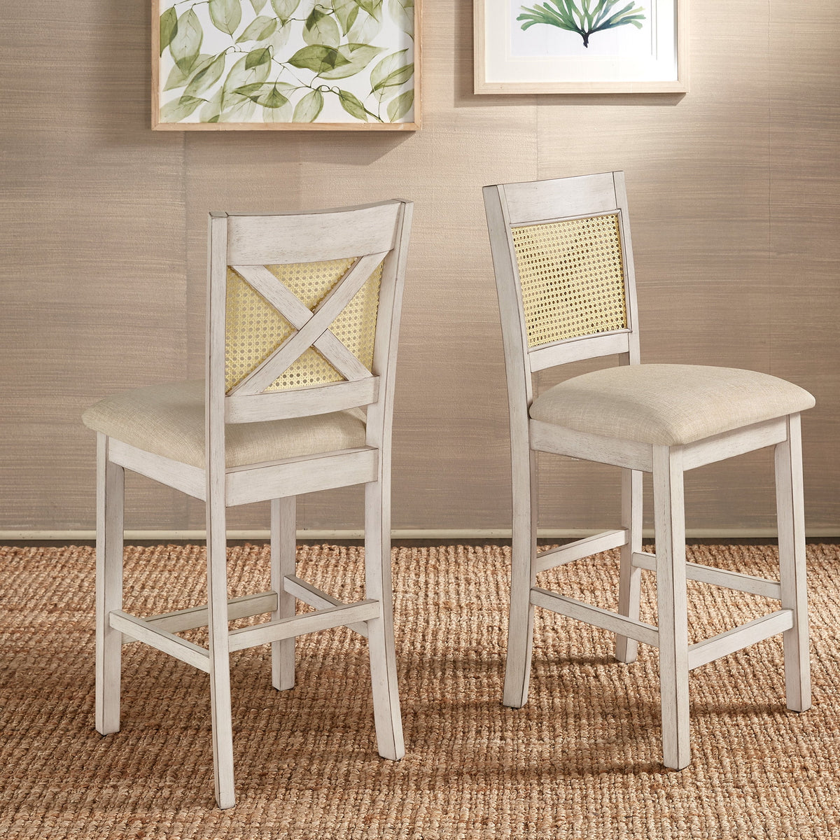 Antique White Beige Linen Counter Height Chair Set of 2 N9110