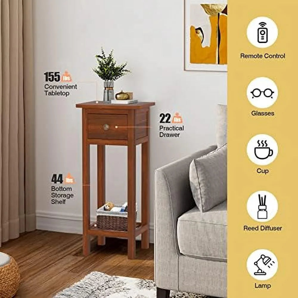 Narrow Wooden End Table Set of 2 with Drawer I351