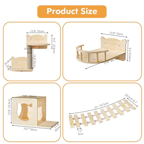 16 Pcs Pine Wooden Cat Wall Shelves with House Y3305