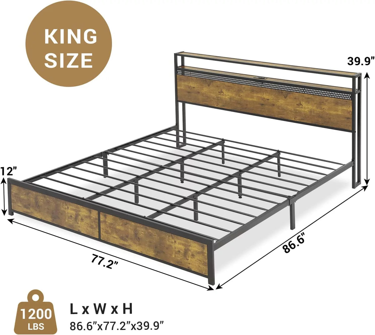 King Metal Platform Bed with Storage Headboard and USB Ports Q6630