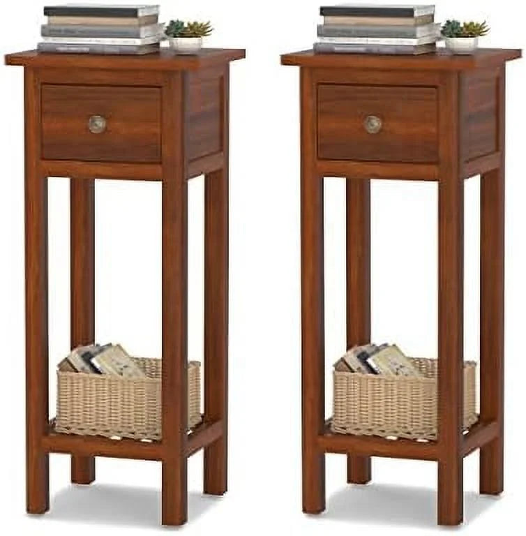 Narrow Wooden End Table Set of 2 with Drawer I351