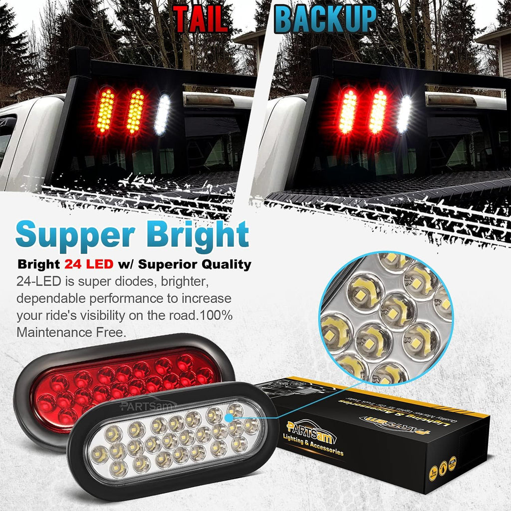 2xRed + 2xWhite 6 LED Oval Stop Turn Tail Lights Brake Backup Reverse Light Kit Waterproof 12V Sealed 6 Inch Oval LED Trailer Tail Lights Grommet Mount Pack of 2 B9736