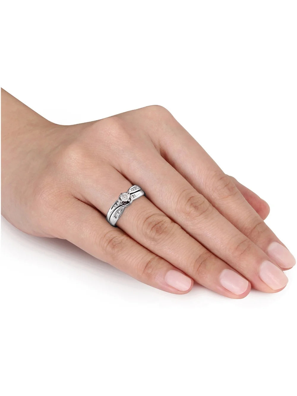 10K White Gold Diamond Engagement Ring and Wedding Band Set X855