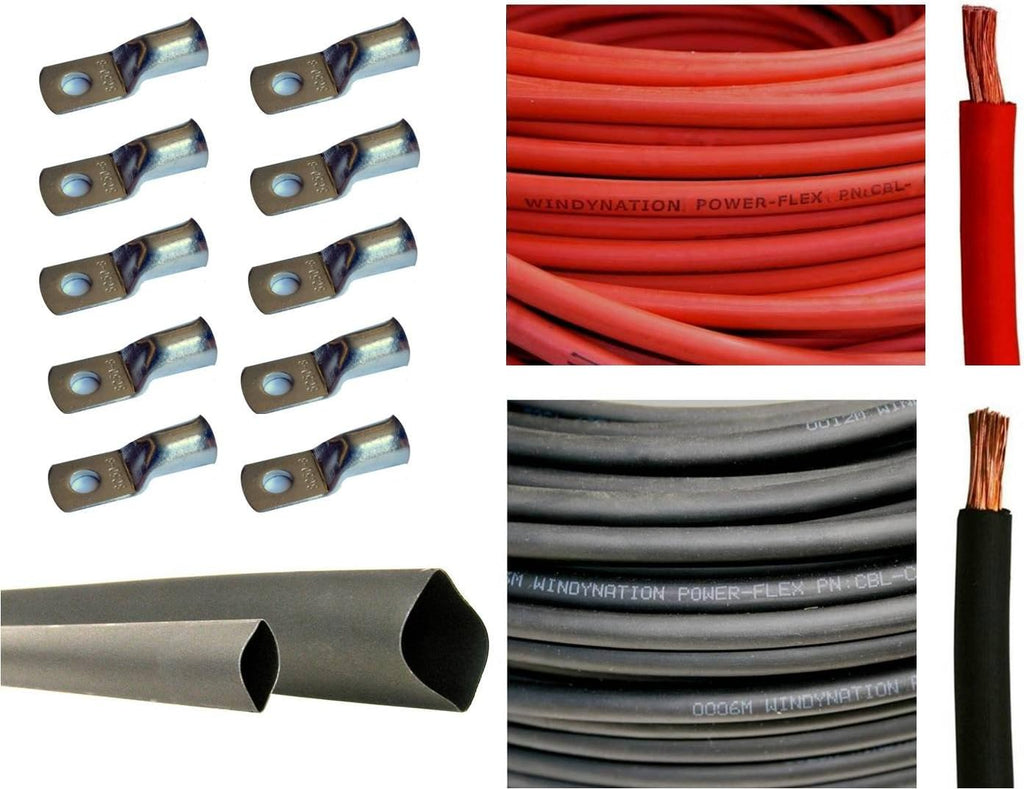 4/0 AWG 10 Feet Black + 10 Feet Red Pure Copper Ultra Flexible Cable + 5pcs 5/16 & 5pcs 3/8 Copper Cable Lug Terminal Connectors + 3 Feet Heat Shrink Tubing F933546