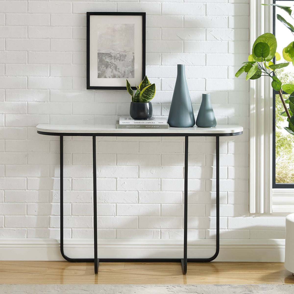 Faux White Marble Curved Console Table V361