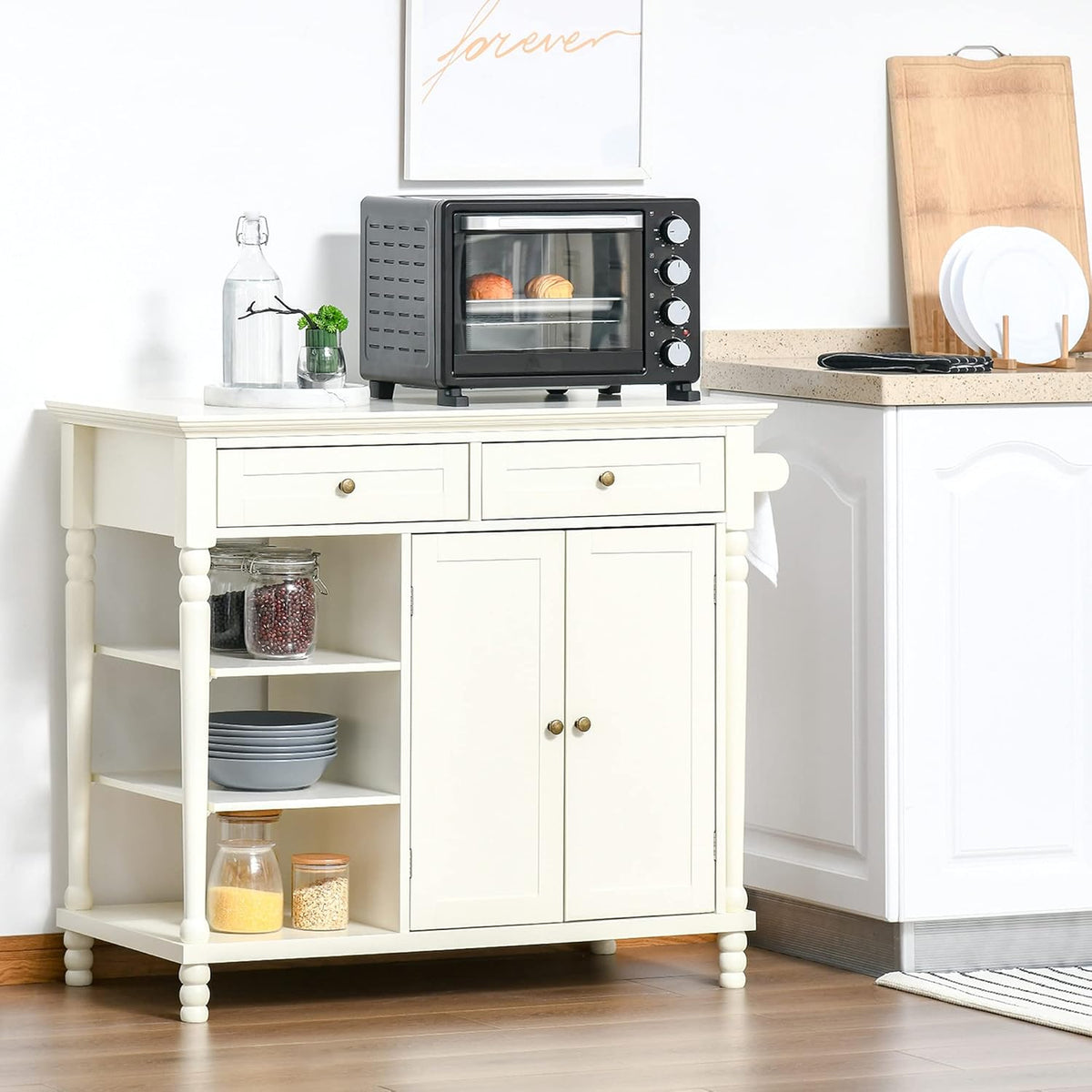 White Kitchen Sideboard Cabinet with 3-Tier Open Shelving and Pine Wood Legs Z52671