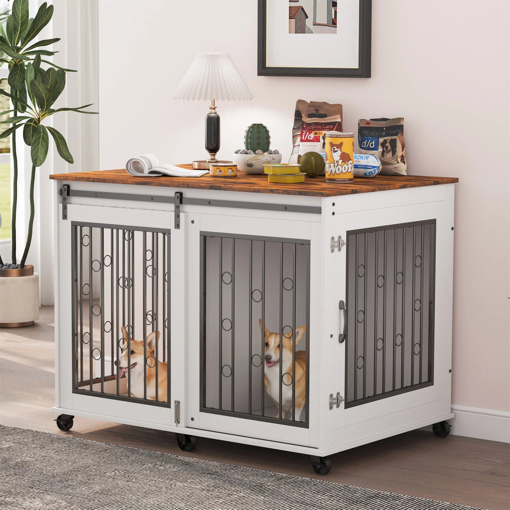 44" Wooden Dog Crate End Table with Wheels K514004