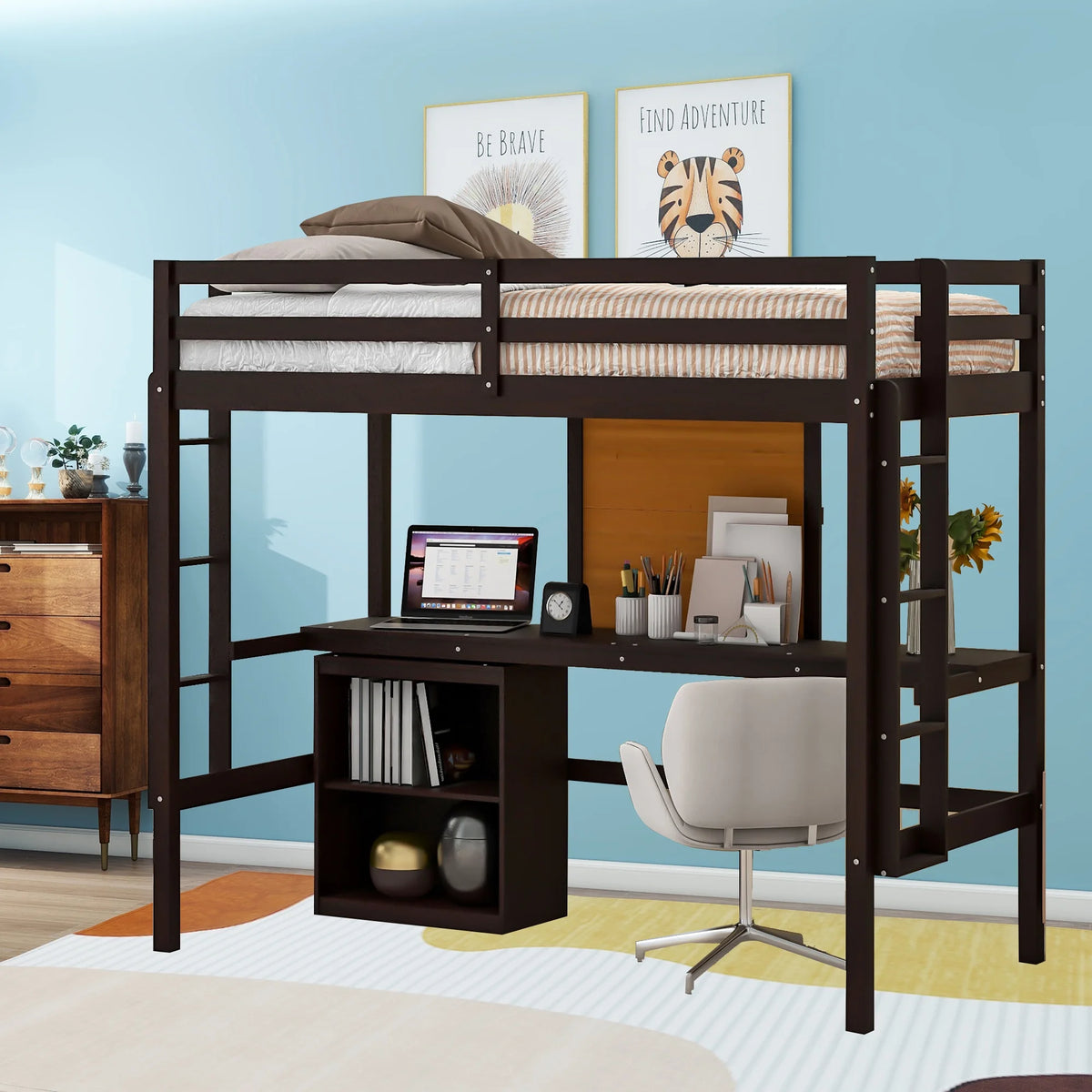 Twin Size Wooden Loft Bed with Desk and 2 Drawers B960128