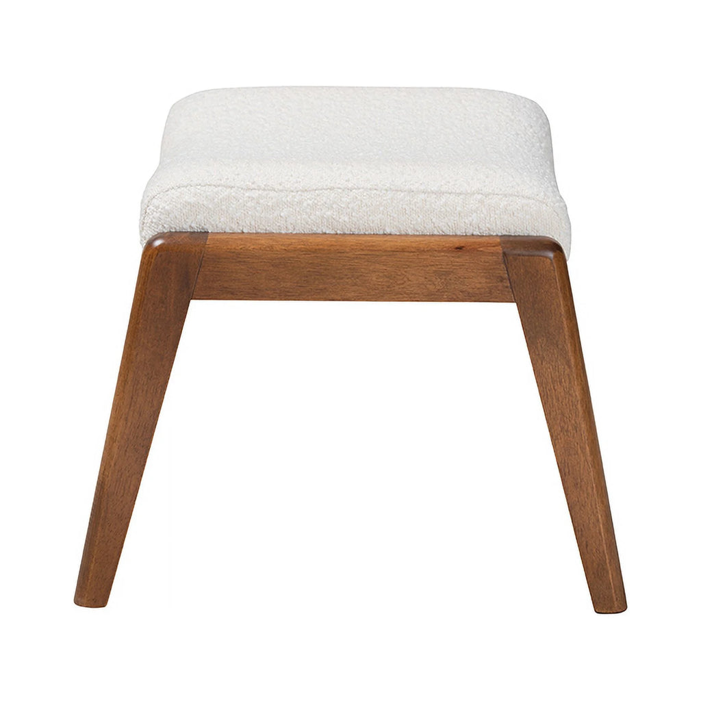 Off-White Boucle Upholstered Walnut Brown Wood Ottoman Footstool T38987