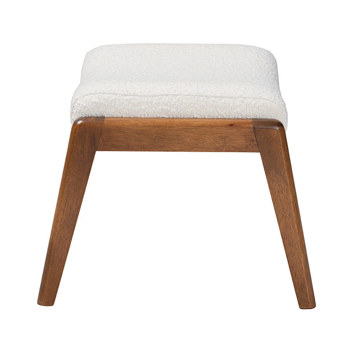 Off-White Boucle Upholstered Walnut Brown Wood Ottoman Footstool T38987