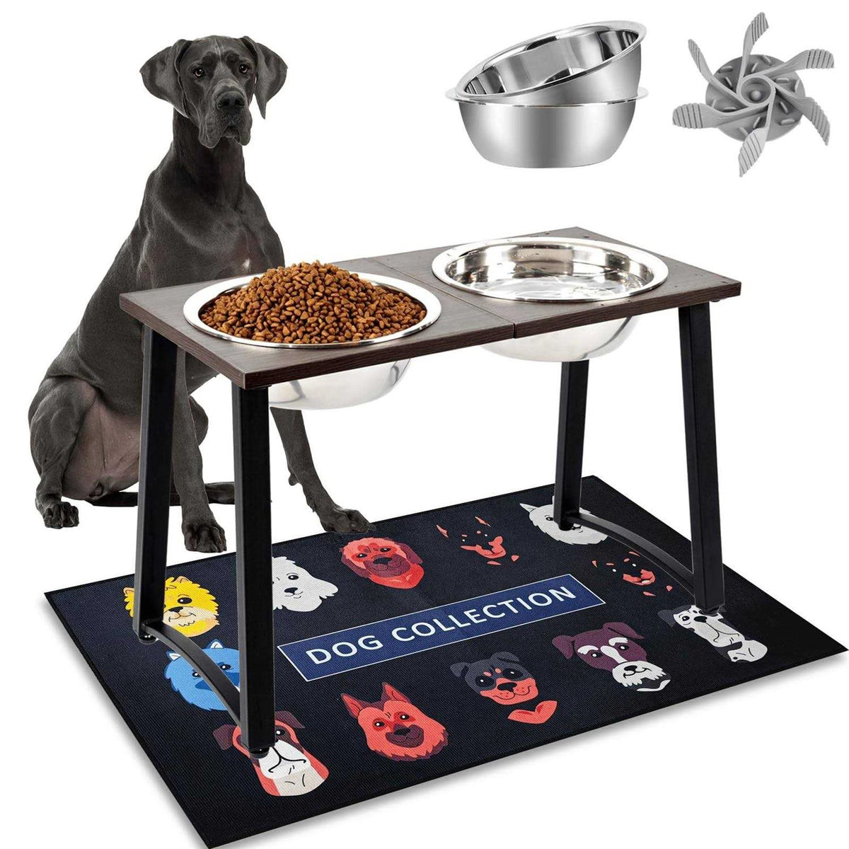 Elevated Dog Bowls with 2 X-Large Stainless Steel Bowls and Slow Feeder K120