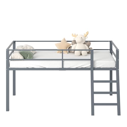 Grey Twin Loft Bed with Ladder and Guardrail D7886