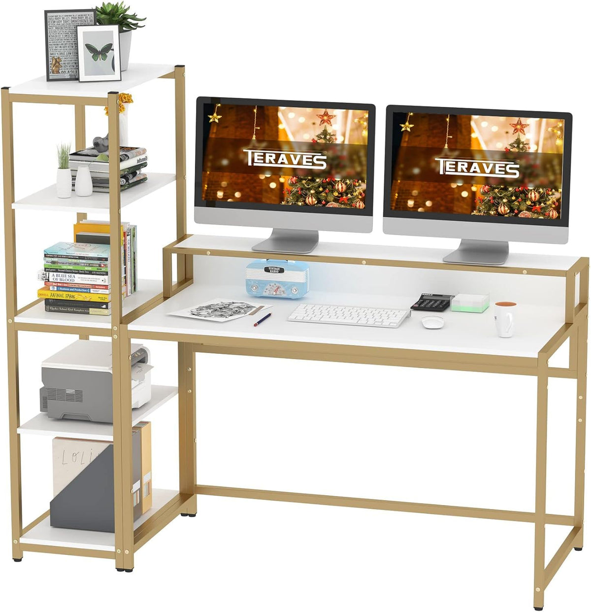 Computer Desk with 5 Tier Shelves 47 Inch White H834
