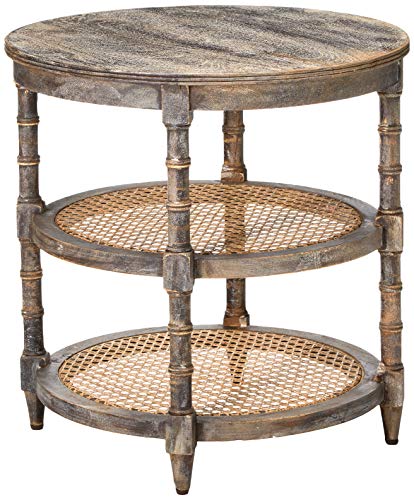 Round Mango Wood Table with 2 Cane Shelves M38891