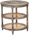 Round Mango Wood Table with 2 Cane Shelves M38891