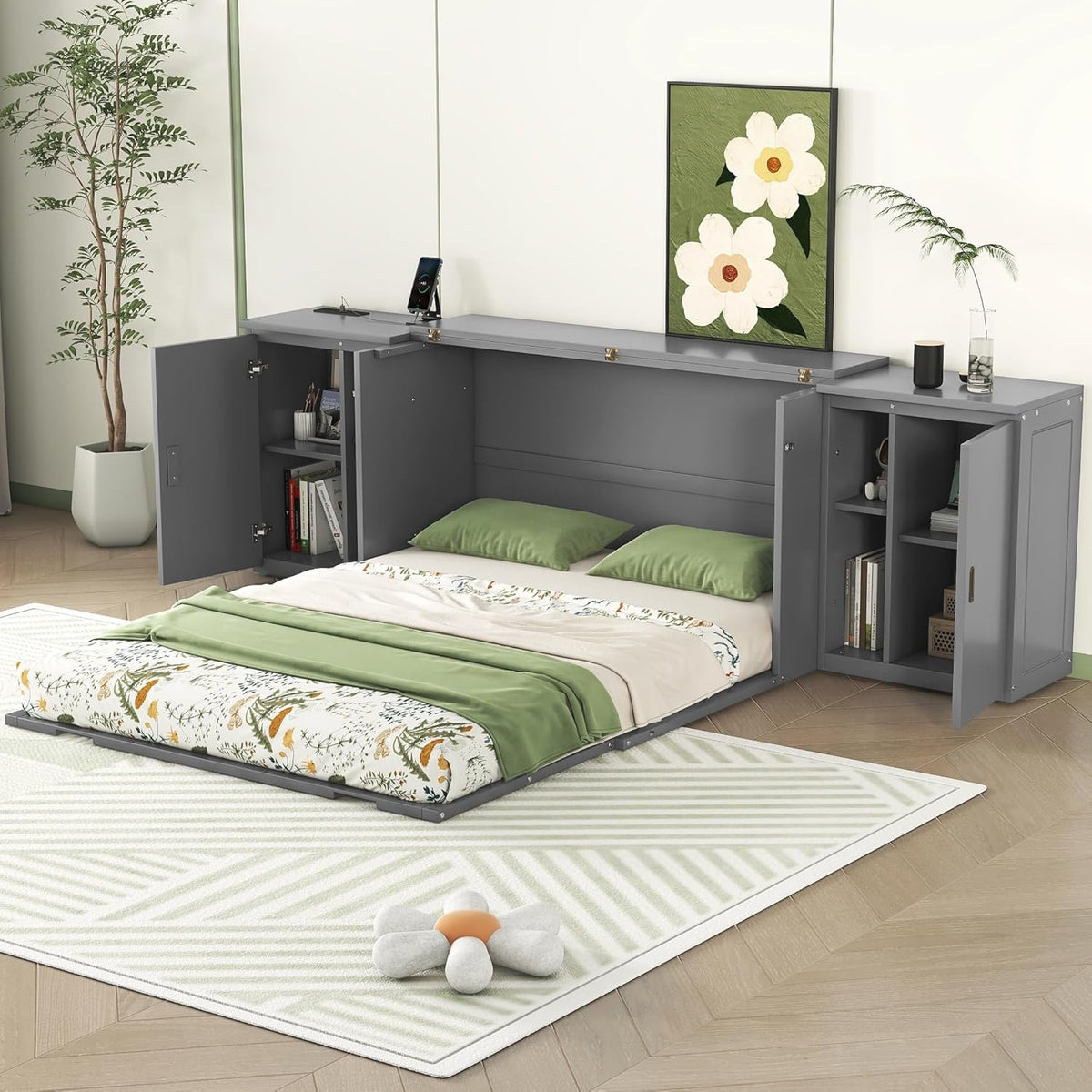 Queen Size Murphy Bed with Shelves, Cabinets and USB Ports, Gray S439958