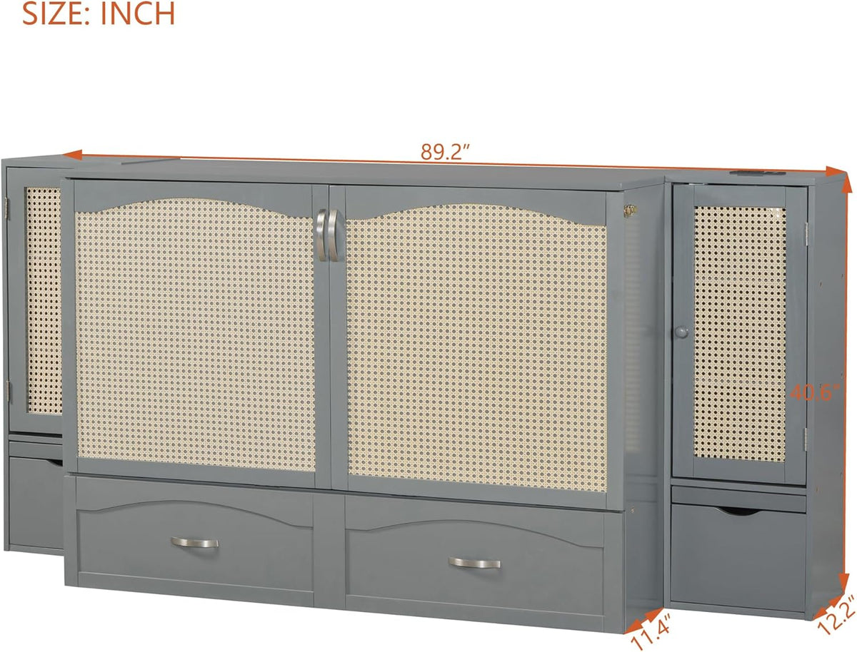 Gray Queen Size Murphy Bed with Storage Drawer and 2 Cabinets U657062