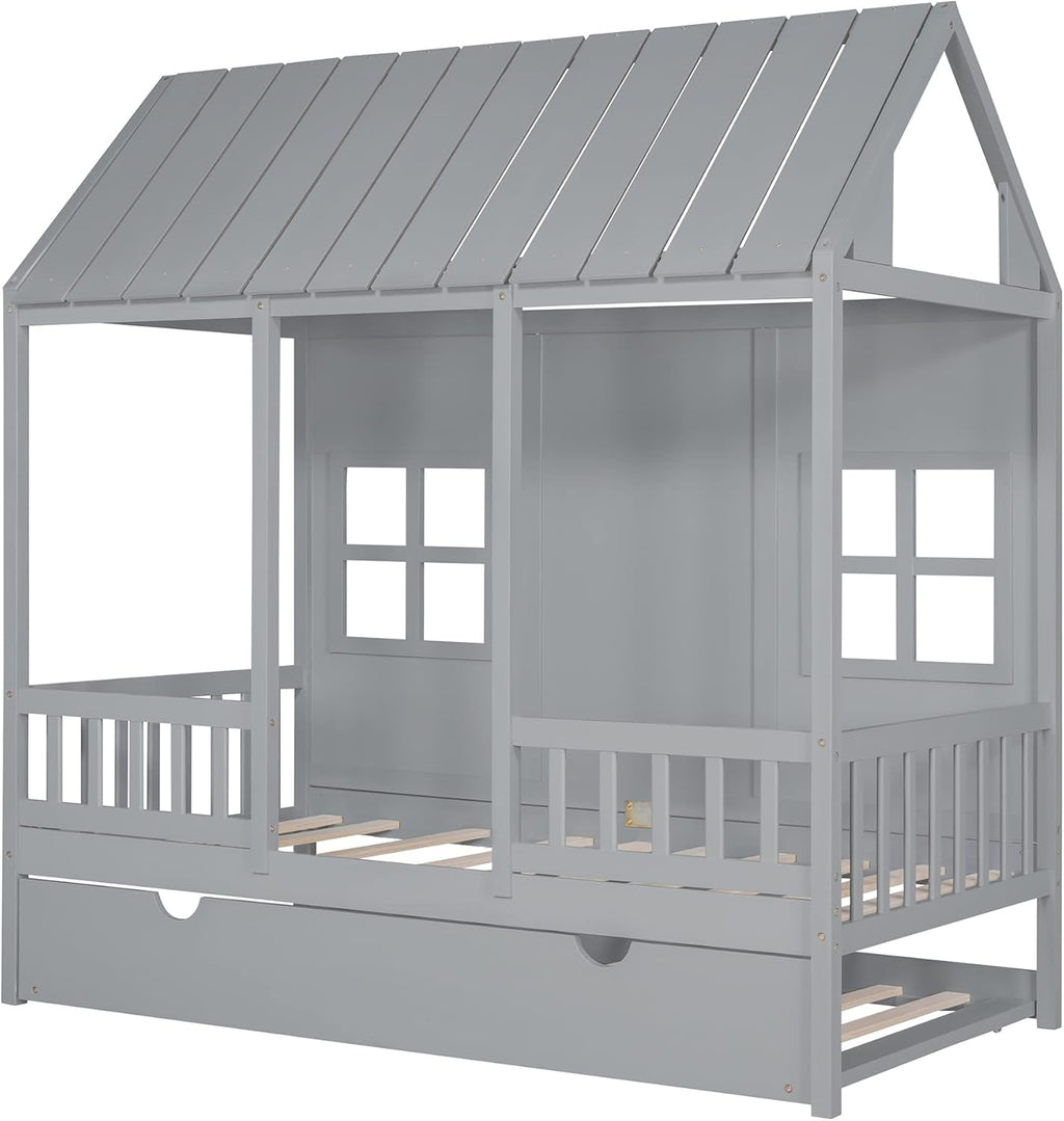 Gray Twin Size Wooden House Bed with Trundle D367616