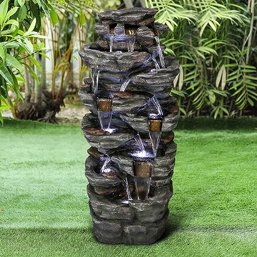 Large Outdoor Water Fountain, 47 1/5” H 9-tier with LED Light, Resin O682601