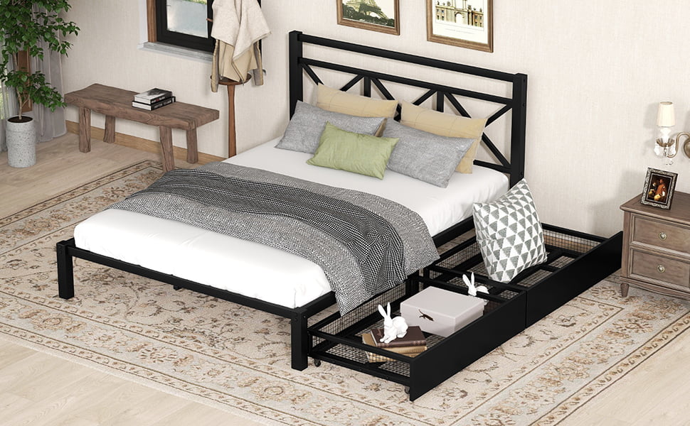Metal Twin Size Platform Bed with Two Drawers O517578