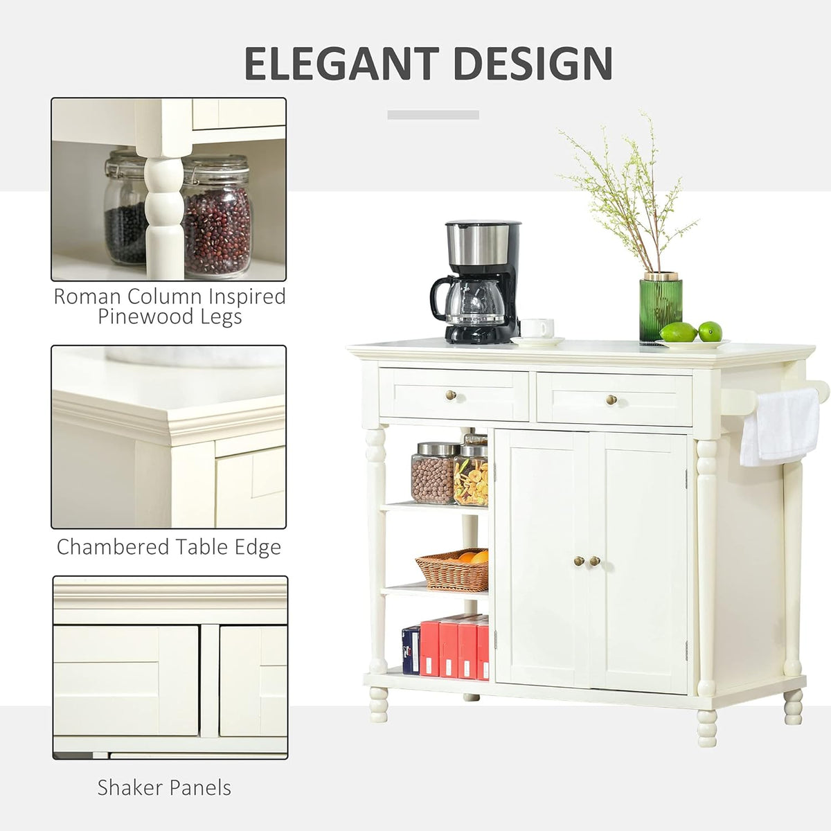 White Kitchen Sideboard Cabinet with 3-Tier Open Shelving and Pine Wood Legs Z52671