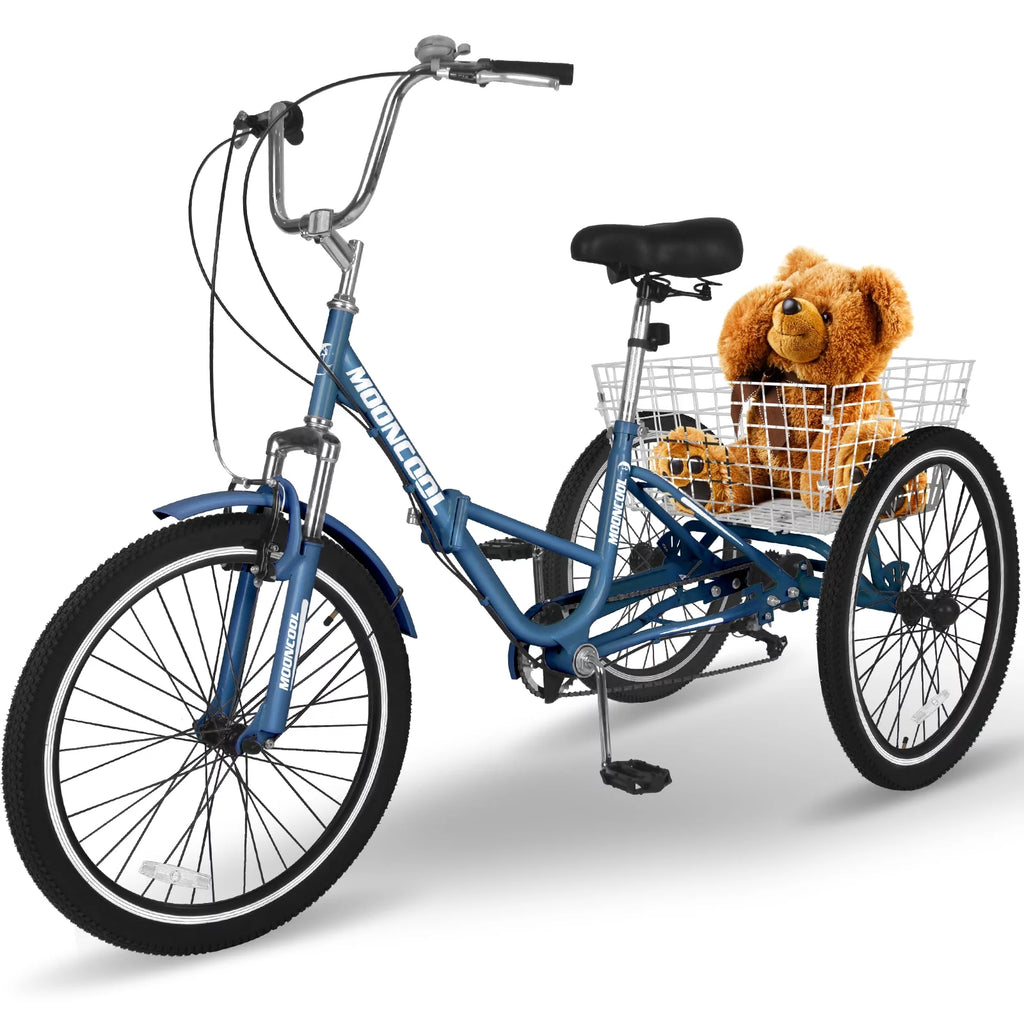 24" 7 Speed Folding Adult Tricycle with Shopping Basket, Green A7323