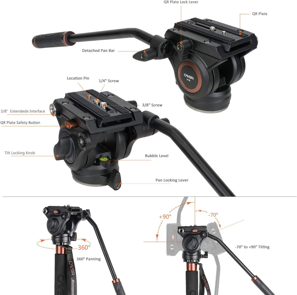 Carbon Fiber 71 inch Telescopic Video Monopod Kit with Fluid Head and Folding Support Base H137