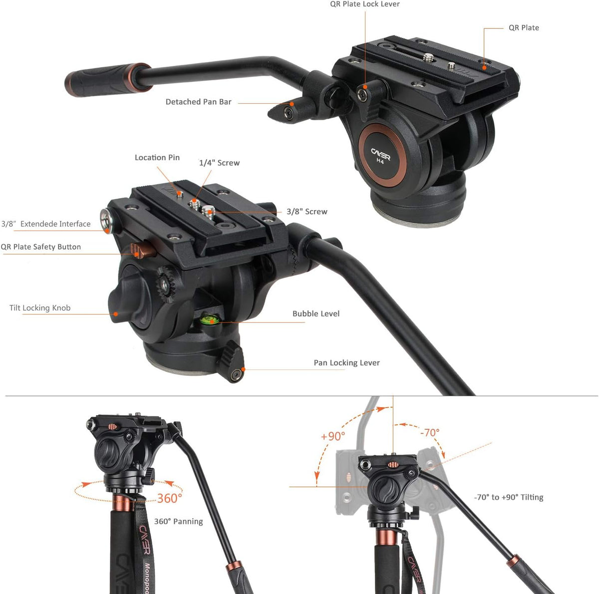 Carbon Fiber 71 inch Telescopic Video Monopod Kit with Fluid Head and Folding Support Base H137