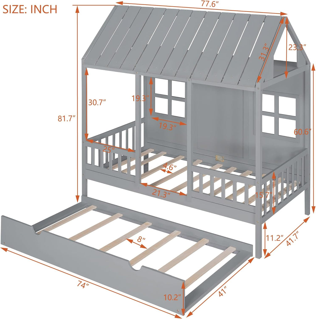 Gray Twin Size Wooden House Bed with Trundle D367616
