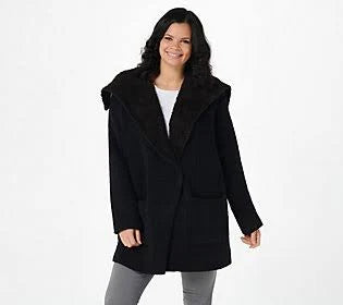 Black/Espresso Shearling Drape Car Coat, Size 2X R9158