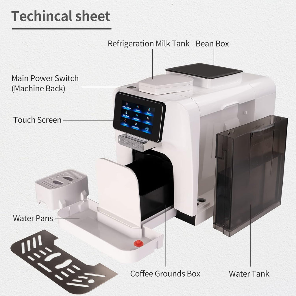 Super Automatic Espresso Coffee Machine with Milk Jug, Built-in Small Refrigerator, Controlled by WIFI Connection (White) V1276