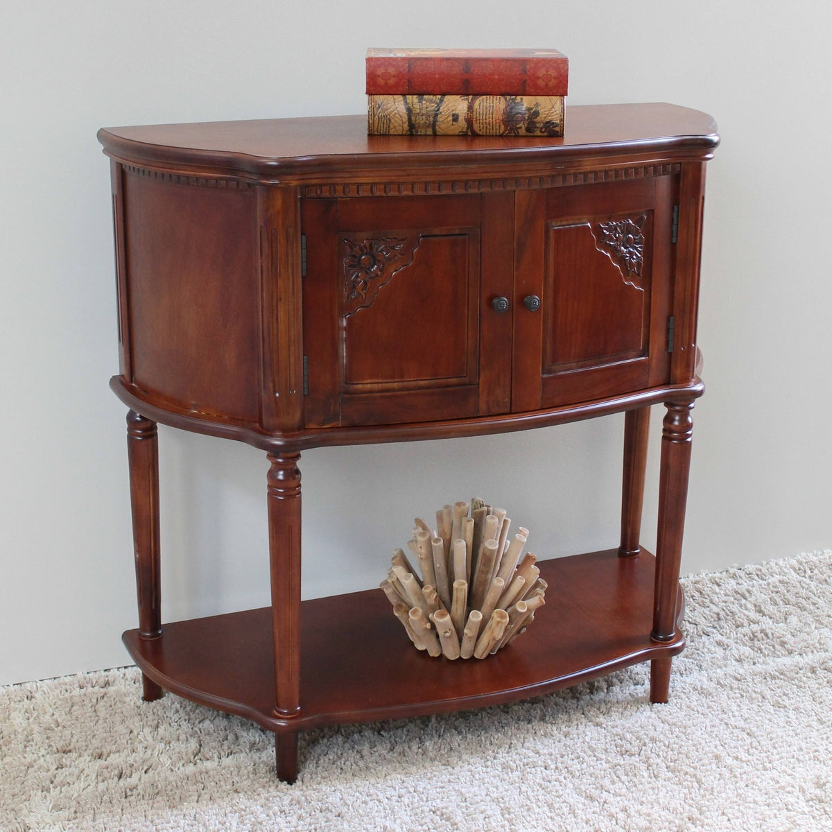 Antique White Carved Wood Two Door Console Table E569