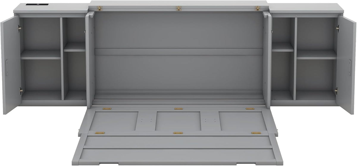 Queen Size Murphy Bed with Shelves, Cabinets and USB Ports, Gray S439958