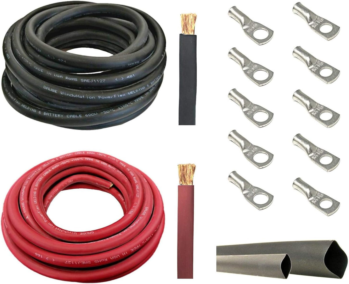 4/0 AWG 10 Feet Black + 10 Feet Red Pure Copper Ultra Flexible Cable + 5pcs 5/16 & 5pcs 3/8 Copper Cable Lug Terminal Connectors + 3 Feet Heat Shrink Tubing F933546